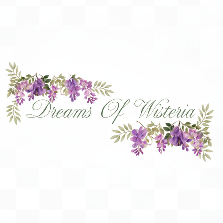 Decorative banner with 'Dreams Of Wisteria' text and purple flowers on a pink background